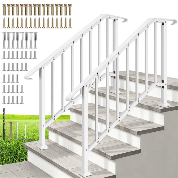 SPECSTAR 2-Pack Hand Rails for Outdoor Steps, 4 Steps Galvanized Steel Railing Kit, Curved Ends and Safty Balusters Exterior Hand Railing,White