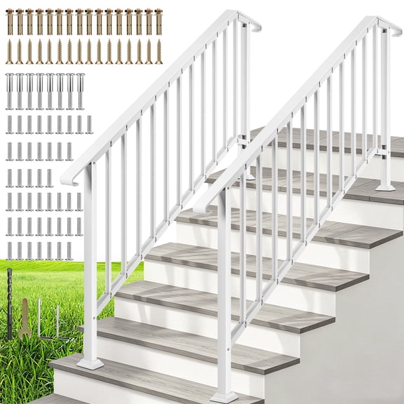 SPECSTAR 2-Pack Hand Rails for Outdoor Steps, 6 Steps Galvanized Steel Railing Kit, Curved Ends and Safty Balusters Exterior Hand Railing,White