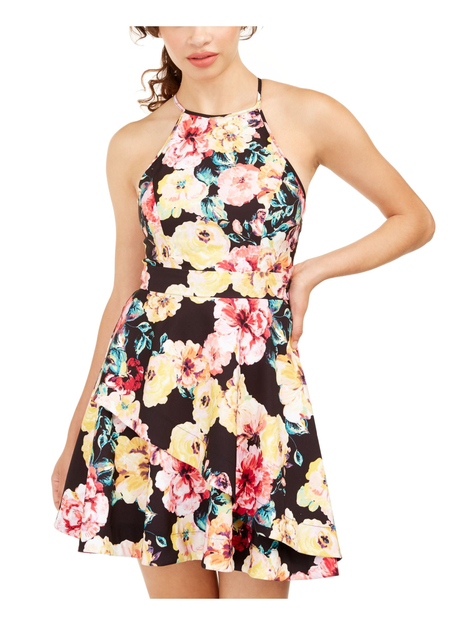 SPEECHLESS Womens Black Floral Sleeveless Halter Short Fit + Flare Dress 9  - Walmart.com