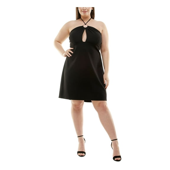 SPEECHLESS Womens Black Tie Cut Out Padded Bust Ring Detail Pullover Sleeveless Halter Above The Knee Cocktail Fit + Flare Dress Plus 22W