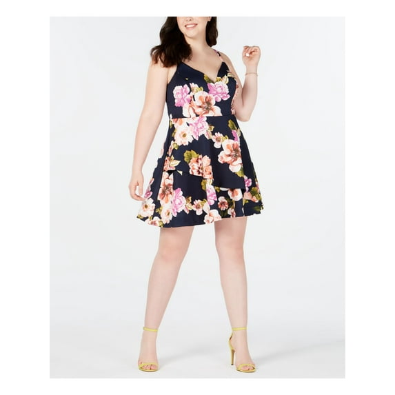 SPEECHLESS Womens Blue Floral Sleeveless V Neck Above The Knee Fit + Flare Dress 16