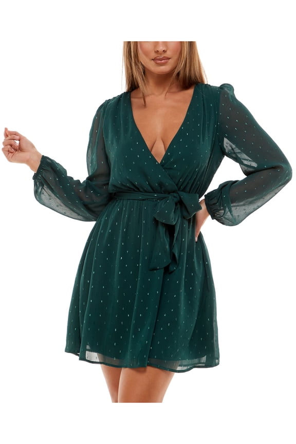 Womens Green Belted Zippered Long Sleeve Surplice Neckline Short Party Fit + Flare Dress Juniors S