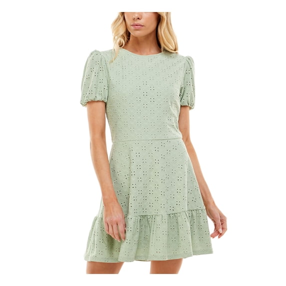 SPEECHLESS Womens Green Eyelet Zippered Lined Elastic Cuffs Ruffled Pouf Sleeve Crew Neck Mini Fit + Flare Dress XXL