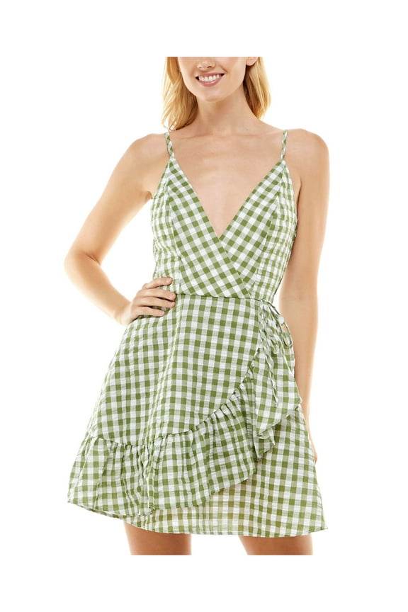 Womens Green Zippered Ruffled Side Tie Cutout Back Gingham Sleeveless Surplice Neckline Short Faux Wrap Dress L