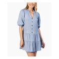 thumbnail image 1 of SPEECHLESS Womens Light Blue Pleated Ruffled Tiered Button-front Pouf Sleeve V Neck Mini Shirt Dress M, 1 of 4