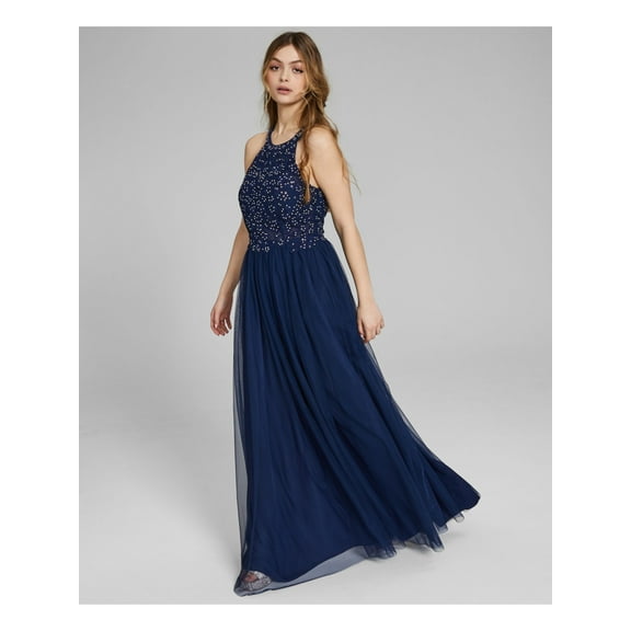SPEECHLESS Womens Navy Embellished Zippered Keyhole Back Sheer Tulle Lined Sleeveless Halter Full-Length Prom Gown Dress 7