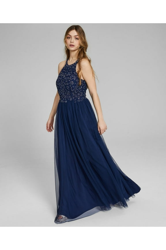 Womens Navy Embellished Zippered Keyhole Back Sheer Tulle Lined Sleeveless Halter Full-Length Prom Gown Dress 7