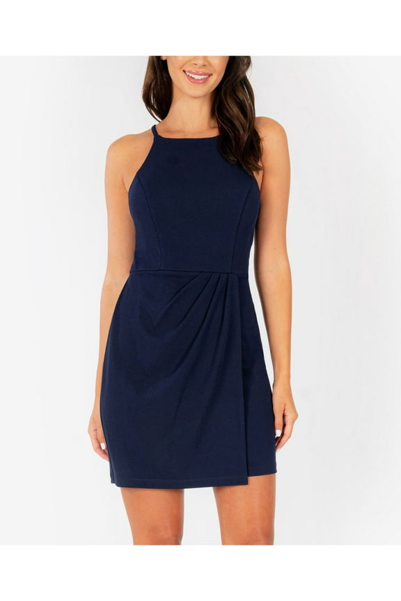 Womens Blue Ruched Lace-back Sleeveless Halter Mini Party Dress 17