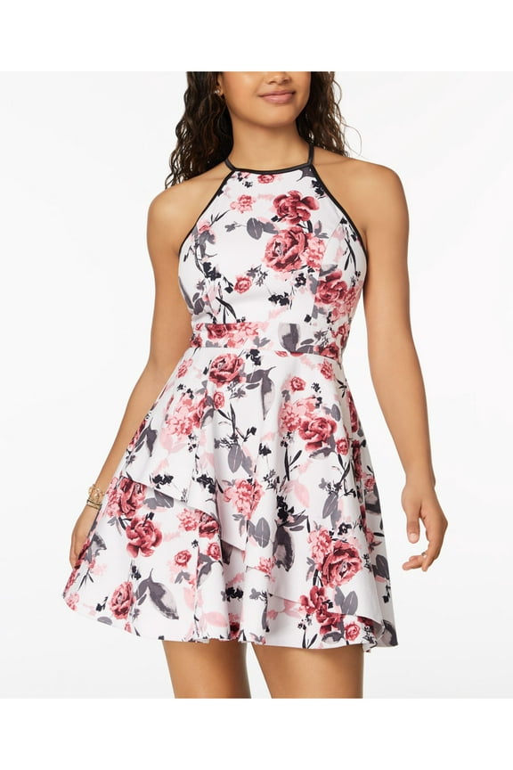 Womens Pink Floral Sleeveless Halter Mini Party Fit + Flare Dress 9