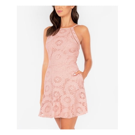 SPEECHLESS Womens Pink Lace Pocketed Zippered Sleeveless Halter Short Evening Fit + Flare Dress L