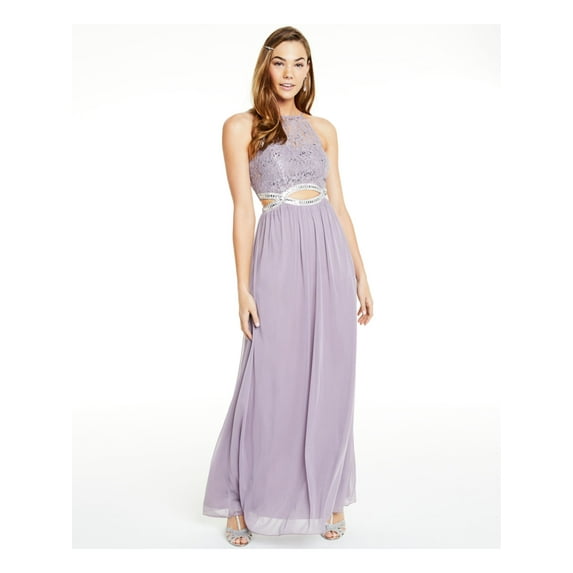 SPEECHLESS Womens Purple Sequined Cut Out Sleeveless Halter Full-Length Empire Waist Prom Dress 1