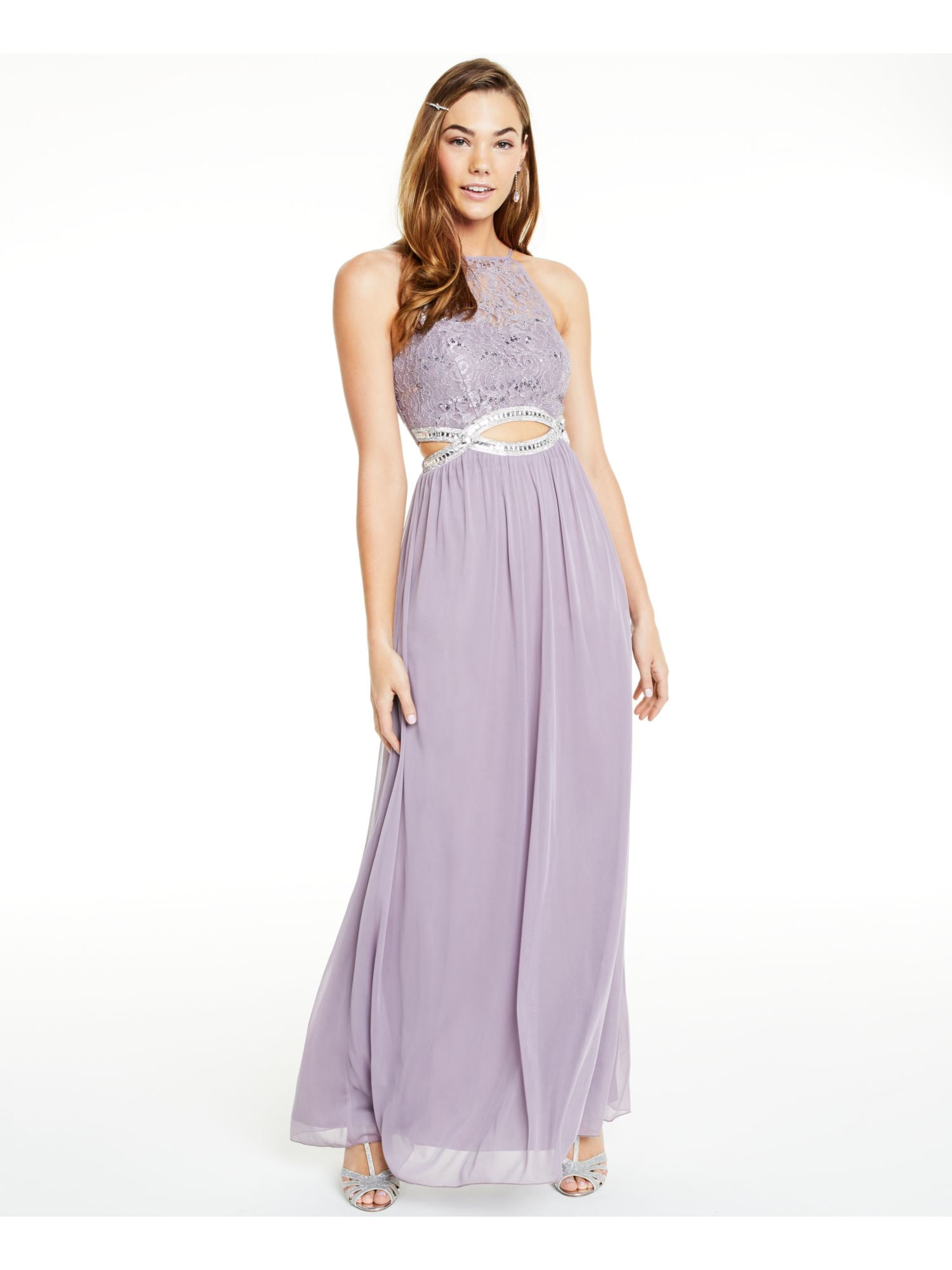 SPEECHLESS Womens Purple Sequined Cut Out Sleeveless Halter Full-Length  Empire Waist Prom Dress 9