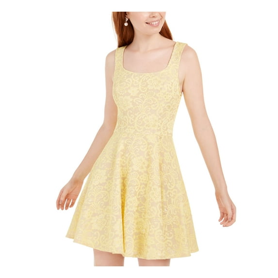 SPEECHLESS Womens Yellow Lace Zippered Sleeveless Square Neck Short Fit + Flare Party Dress Size 1