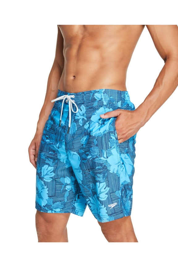 Mens Blue Drawstring Lined Printed Classic Fit Swim Trunks S