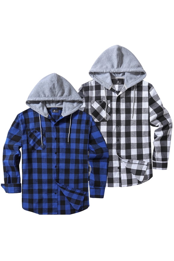 2 Pack Men Casual Button Down Flannel Hoodies, Men's & Big Men's Hooded Flannel Shirt with Long Sleeves, Sizes L