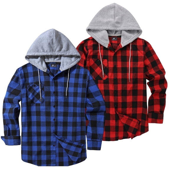 SPEEDRUN 2 Pack Men Casual Button Down Flannel Hoodies, Men's & Big Men's Hooded Flannel Shirt with Long Sleeves, Sizes M