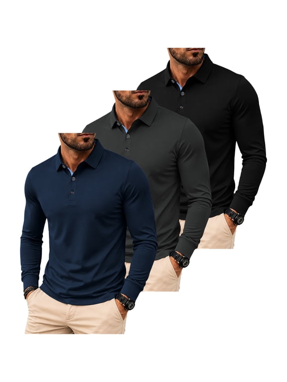 3 Pack Long Sleeve Polo Shirts for Men Casual Collared, Size L