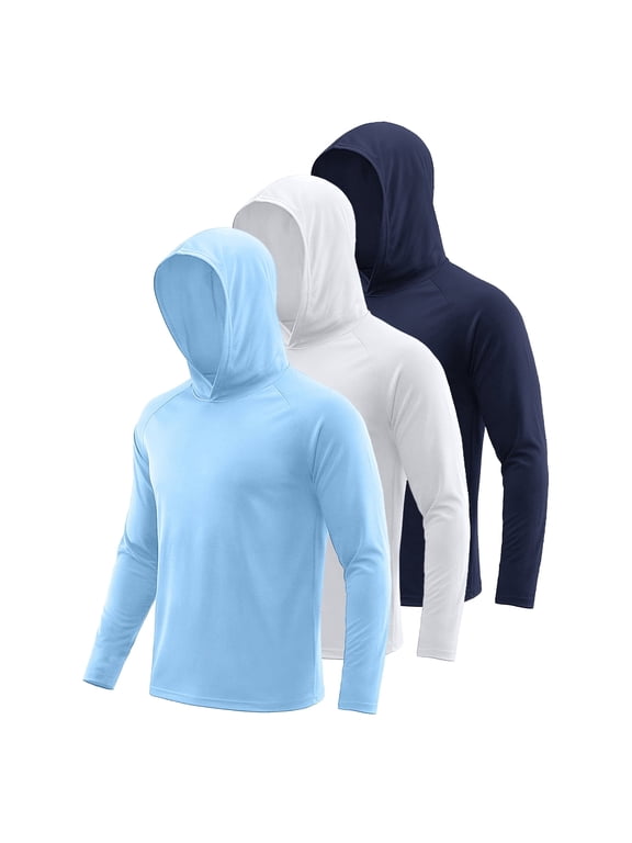 3 Pack Men and Big Men Long Sleeve Workout Hoodie Shirt, UPF 50+ UV Sun Protection Fast Dry Moisture Wicking Workout Tops, Sizes L