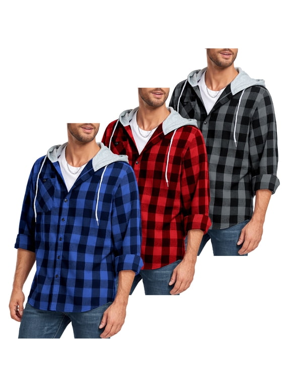 3 Pack Men's Hooded Flannel Shirts Casual Button Down Plaid Shirt Long Sleeve with Pockets, Size XL