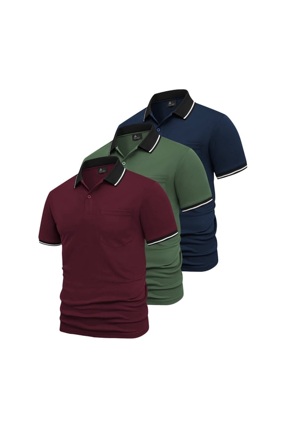 3 Pack Polo Shirt for Men's and Big Men's, Dry Fit Casual Shirts with Pocket Polo Shirts with Contrast Collar, Sizes 2XL
