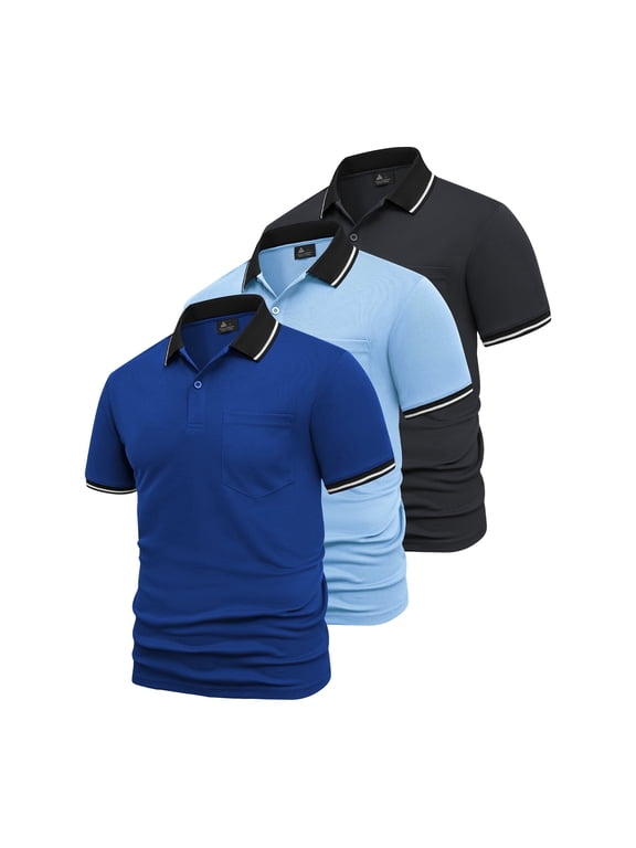 3 Pack Polo Shirt for Men's and Big Men's, Dry Fit Casual Shirts with Pocket Polo Shirts with Contrast Collar, Sizes XL