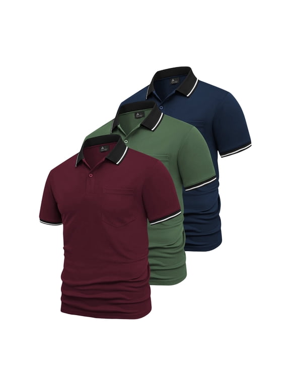 3 Pack Polo Shirt for Men's and Big Men's, Dry Fit Casual Shirts with Pocket Polo Shirts with Contrast Collar, Sizes XL