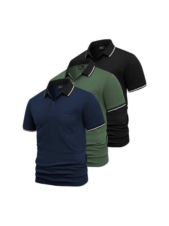 3 Pack Polo Shirt for Men's and Big Men's, Dry Fit Casual Shirts with Pocket Polo Shirts with Contrast Collar, Sizes XL