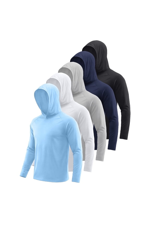 5 Pack Men and Big Men Long Sleeve Workout Hoodie Shirt, UPF 50+ UV Sun Protection Fast Dry Moisture Wicking Workout Tops, Sizes L