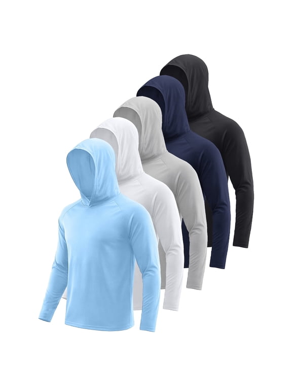 5 Pack Men and Big Men Long Sleeve Workout Hoodie Shirt, UPF 50+ UV Sun Protection Fast Dry Moisture Wicking Workout Tops, Sizes L