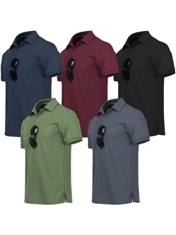 5 Pack Men's Polo Shirts Short Sleeve Moisture Wicking Casual Collared Summer Shirts, Size XL