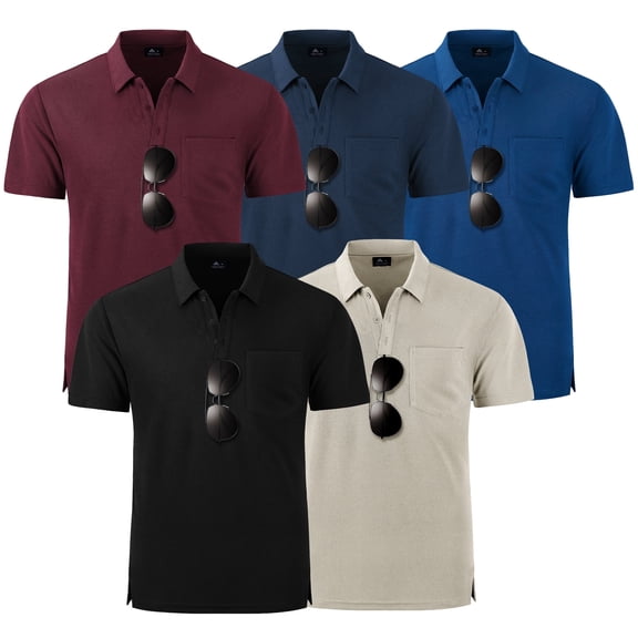 SPEEDRUN 5 Pack Polo Shirt for Men's and Big Men's, Comfort Collar Casual Golf Polo Shirts with Sunglasses Loop, Sizes 2XL