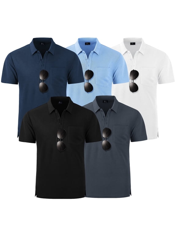5 Pack Polo Shirt with Pocket for Men's and Big Men's, Comfort Collar Casual Golf Short Sleeve Polo Shirts with Sunglasses Loop, Sizes XL