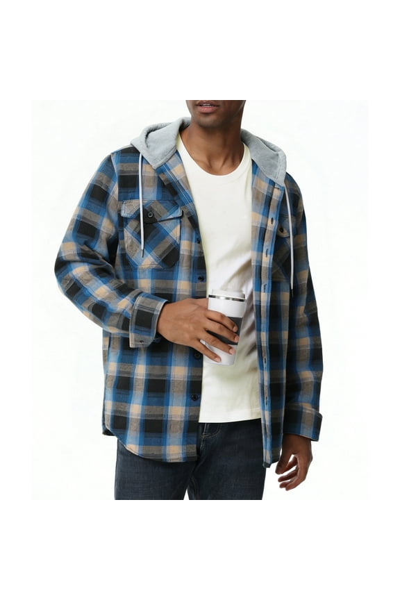 Men's & Big Men's Hooded Flannel Shirt with Long Sleeves, Men Casual Button Down Flannel Hoodies, Single-layer without fleece, Sizes M-3XL
