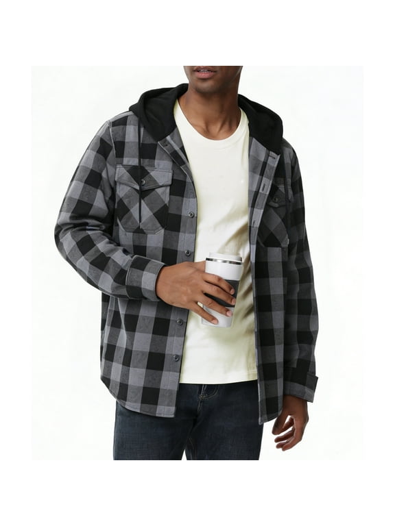 Men's & Big Men's Hooded Flannel Shirt with Long Sleeves, Men Casual Button Down Flannel Hoodies, Single-layer without fleece, Sizes M-3XL