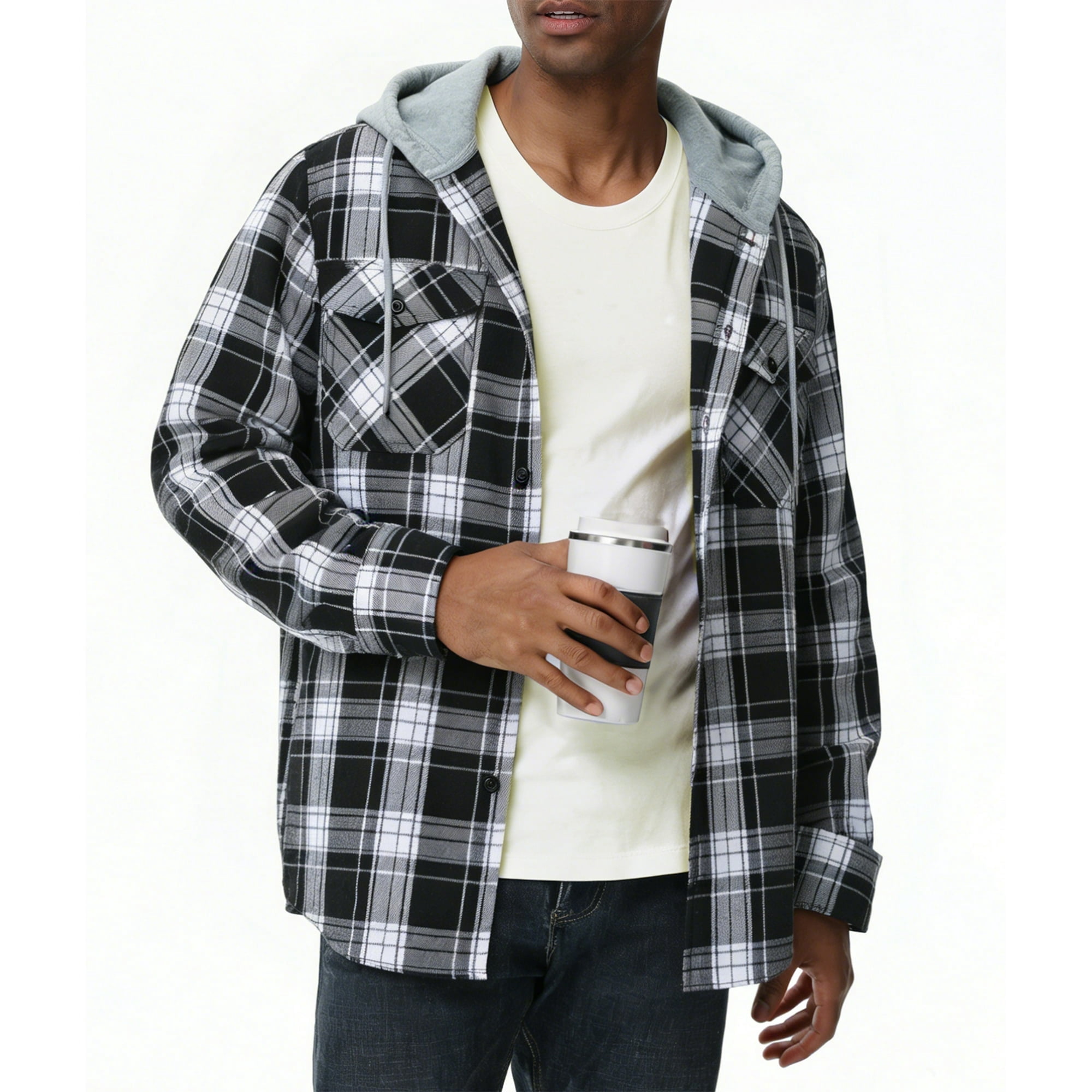 SPEEDRUN Men's & Big Men's Hooded Flannel Shirt with Long Sleeves, Men Casual Button Down Flannel Hoodies, Single-layer without fleece, Sizes M-3XL