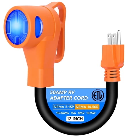 SPEEDWOW RV Adapter 15 Amp to 50 Amp, NEMA 14-50P to 5-15R Cord 12-Inch, 125V Power Adapter with LED Indicator, Upgraded Handle for Outdoor Camping Generator, ETL Listed