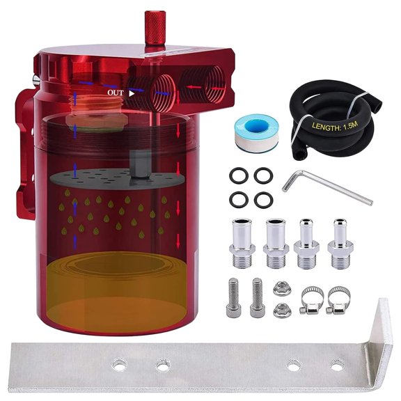 SPEEDWOW Universal Oil Catch Can Tank Filter Baffled With Hose Kit, 300ML(Red)