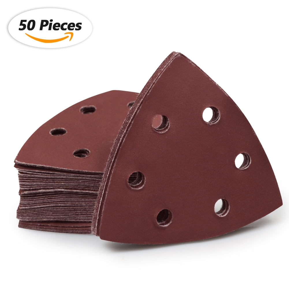 50-Pack Triangle Sanding Pads – 100 Grit, 3.5 Inch Hook & Loop, 6-Hole – For Oscillating Multitools, Wood, Metal, Stone Polishing