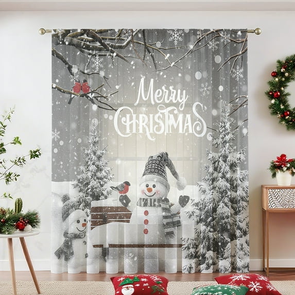SPEKSEE 1Pc Christmas Sheer Curtain, Merry Christmas Snowy Scene Rod Pocket Voile Drapes, Window Curtain Voile Draperies for Kitchen Bedroom Living Room Yard