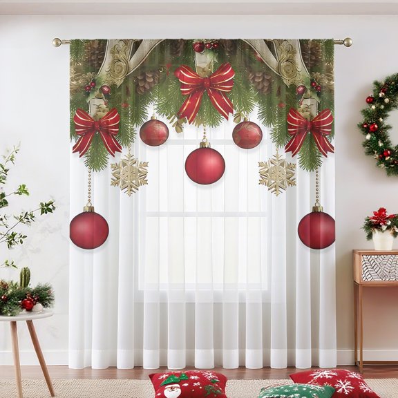 SPEKSEE 1Pc Christmas Sheer Curtain, Merry Christmas Snowy Scene Rod Pocket Voile Drapes, Window Curtain Voile Draperies for Kitchen Bedroom Living Room Yard
