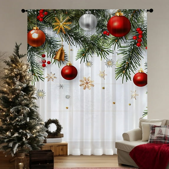 SPEKSEE 1Pc Christmas Sheer Curtains for Living Room, Christmas Bells Trees Snowman Snowy Scene Voile Curtain Drapes for Bedroom Light Filtering & Privacy Winter Holiday Window Treatment