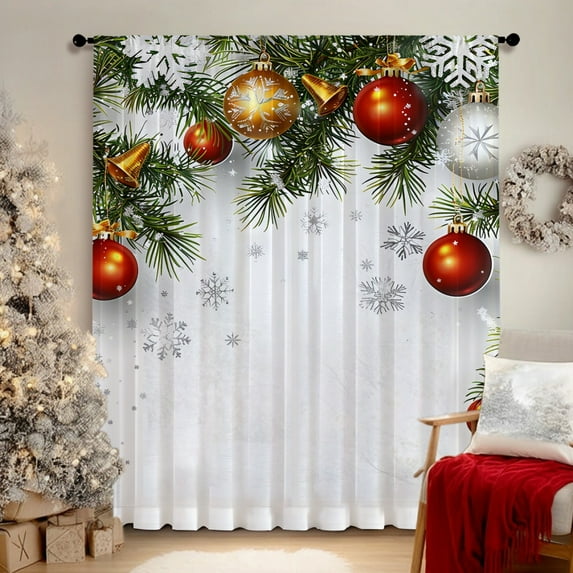SPEKSEE 1Pc Christmas Sheer Curtains for Living Room, Christmas Bells Trees Snowman Snowy Scene Voile Curtain Drapes for Bedroom Light Filtering & Privacy Winter Holiday Window Treatment
