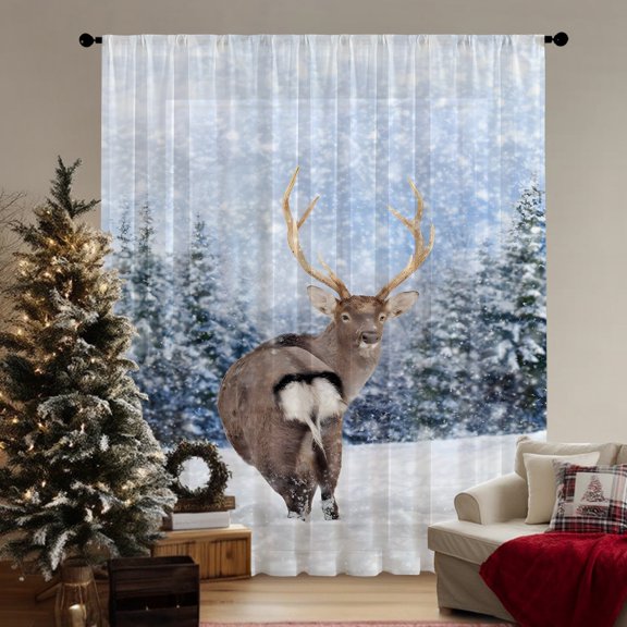 SPEKSEE 1Pc Christmas Sheer Curtains for Living Room, Christmas Bells Trees Snowman Snowy Scene Voile Curtain Drapes for Bedroom Light Filtering & Privacy Winter Holiday Window Treatment
