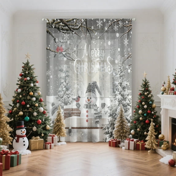 SPEKSEE 1Pc Christmas Sheer Curtains for Living Room, Colorful Christmas Bells Pine Branches Voile Curtain Drapes for Bedroom Light Filtering & Privacy Winter Holiday Window Treatment