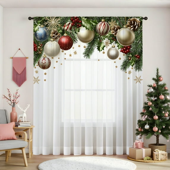 SPEKSEE 1Pc Christmas Sheer Curtains for Living Room, Colorful Christmas Bells Pine Branches Voile Curtain Drapes for Bedroom Light Filtering & Privacy Winter Holiday Window Treatment