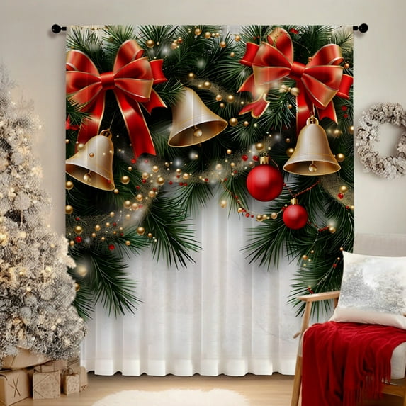 SPEKSEE 1Pc Christmas Sheer Curtains for Living Room, Red Bow Christmas Bells Snowy Scene Pine Branches Voile Curtain Drapes for Bedroom Light Filtering & Privacy Winter Holiday Window Treatment