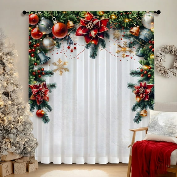 SPEKSEE 1Pc Christmas Sheer Curtains for Living Room, Red Bow Christmas Bells Snowy Scene Pine Branches Voile Curtain Drapes for Bedroom Light Filtering & Privacy Winter Holiday Window Treatment