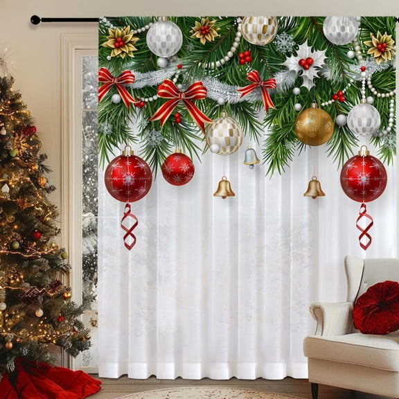 SPEKSEE 1Pc Christmas Sheer Curtains for Living Room, Red Bow Christmas Bells Snowy Scene Pine Branches Voile Curtain Drapes for Bedroom Light Filtering & Privacy Winter Holiday Window Treatment