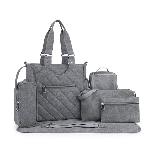 SPEKSEE 7-Piece Waterproof Diaper Bag Tote Set - Single Shoulder Diaper Bag with Stroller Straps, Bottle Warmer & Changing Pad