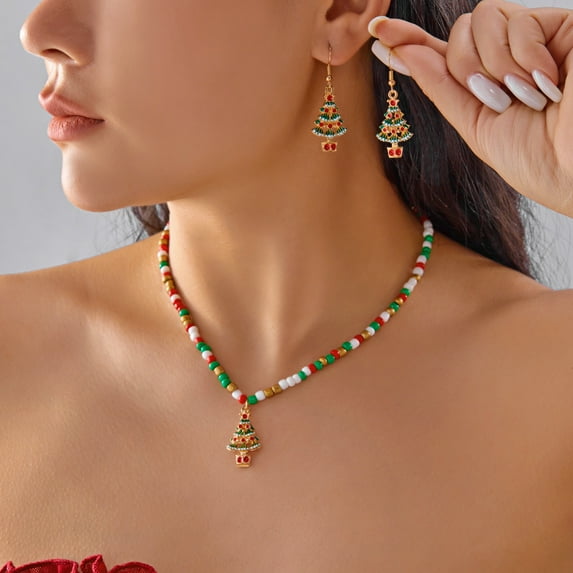 SPEKSEE Christmas Beads Necklace Earring Sets for Women - Snowflake Snowman Christmas Tree Set - New Year Birthday Party Gift Stocking Stuffers